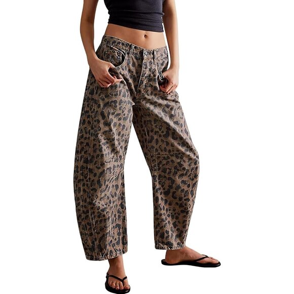 Denim - Leopard Print Wide Leg Denim Jeans for Women Casual Y2K Baggy Ankle Pants